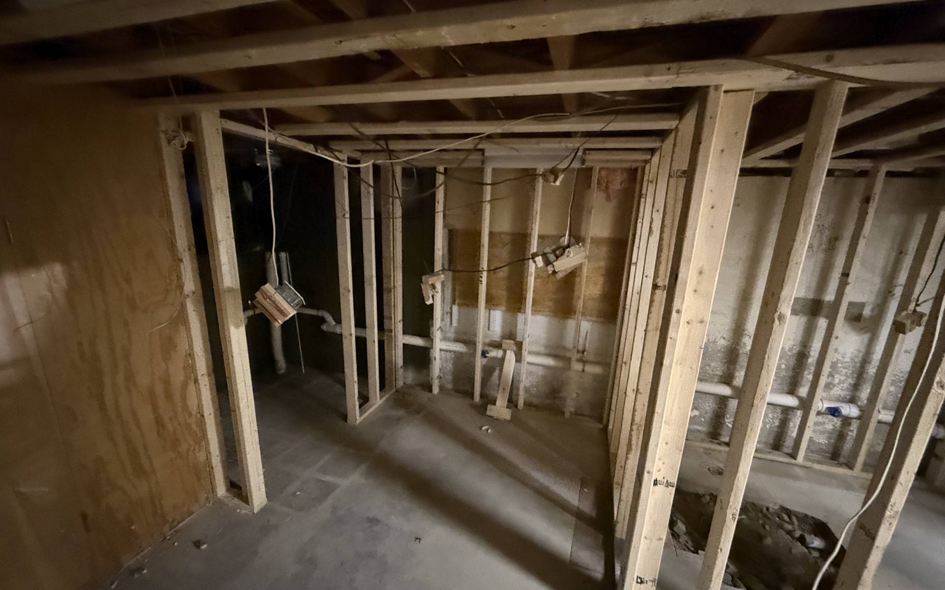 Interior basement framing during a Rhode Island home renovation